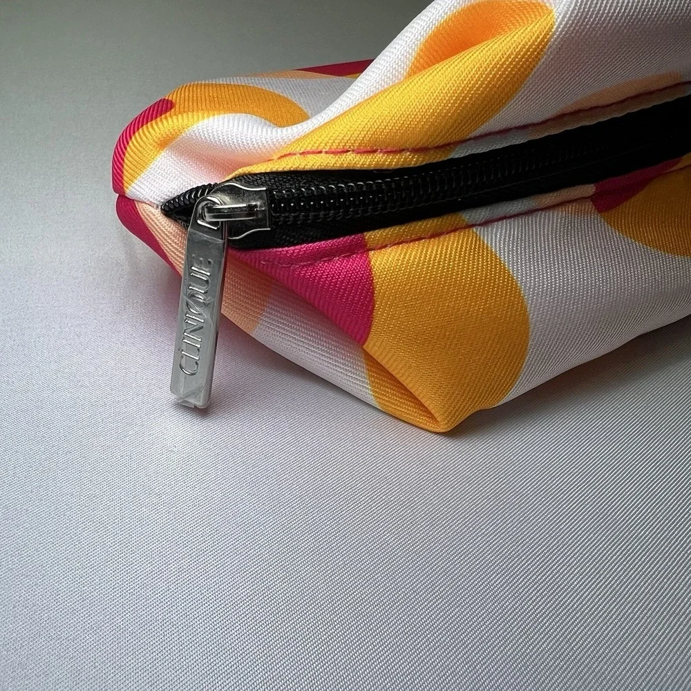CLINIQUE White Orange Pink Polka Dots Makeup Cosmetic Pouch‎ Case Bag New